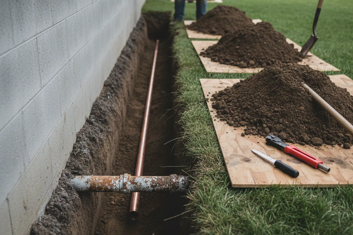 Excavated water line trench during Sewer Line Repair in Bouse
